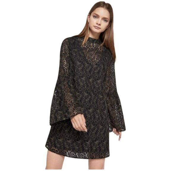 BCBGeneration Black and Gold Lace Bell Sleeve Mini Dress Size XS - Picture 1 of 12
